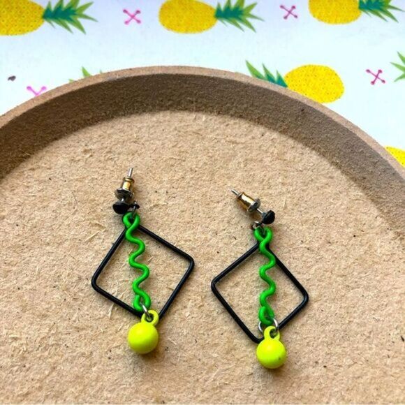 Vintage Jewelry - Vintage 80s green & yellow earrings fluorescent eclectic retro colorblock granny